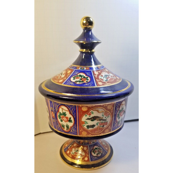 Vintage Fiorentine Italy Cobalt Blue Porcelain Covered Footed Trinket/Candy Bowl - Picture 1 of 9